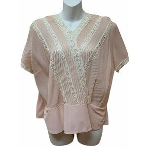 Vtg Short Sleeve‎ Sheer Pin Tuck Pleated Lace Top